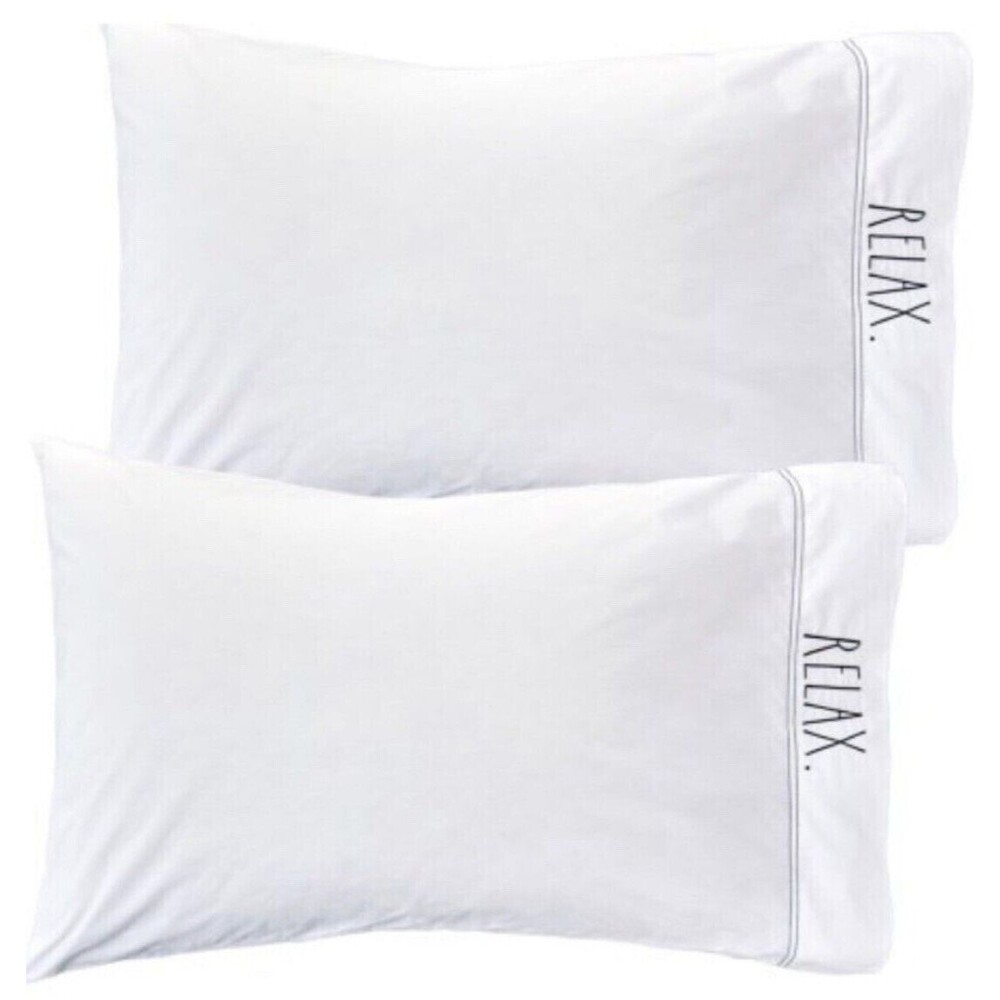 Rae Dunn Pillowcases Relax Embroidered Standard White Cotton Percale Set of 2